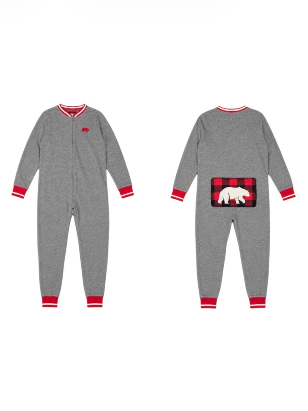 Kids Grey One-Piece Pajama with Red Trim and Bear Patch 14/16